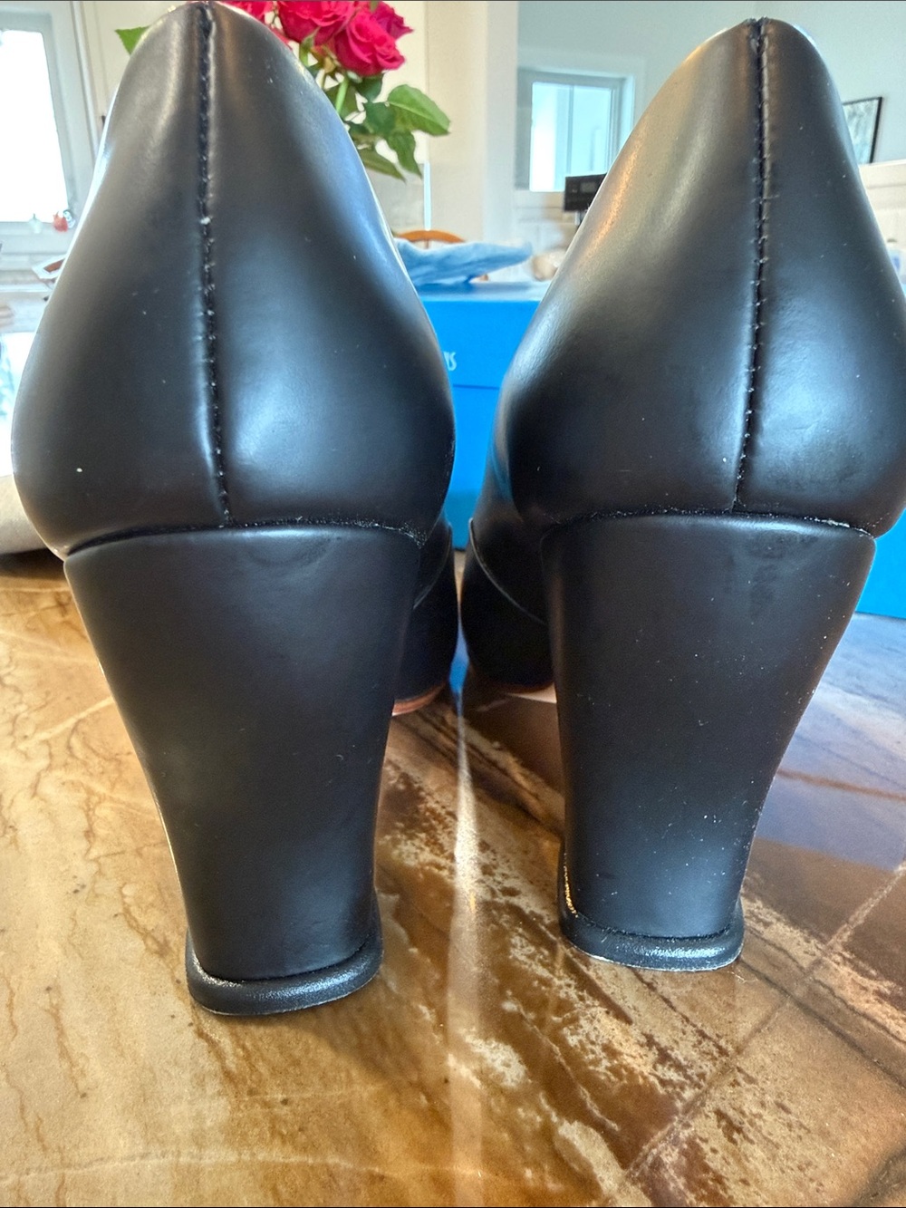 John Fluevog Black Pointed Leather Pumps with Curved Block Heels - Picture 2 of 5